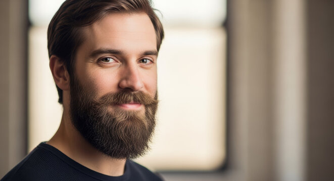 No shave November portrait of handsome man with beard indoors, smiling confidently. No shave November is a month dedicated to raising cancer awareness by embracing hair.