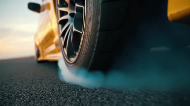Witness the excitement of a vibrant sunset as a powerful car accelerates, creating intense tire smoke on an open road surrounded by nature's beauty.