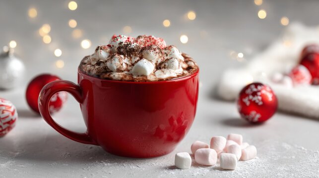 A vibrant red mug filled with rich hot cocoa, adorned with fluffy marshmallows and chocolate shavings, is surrounded by festive decorations, evoking a cozy winter vibe - Powered by Adobe