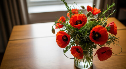 Capturing the essence of Remembrance Day with vibrant poppy flowers in vase on table. Poignant Remembrance Day setup includes red poppies, symbolizing sacrifice and remembrance,