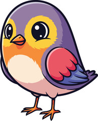 Cute chubby cartoon bird with big eyes and colorful purple orange and red feathers.