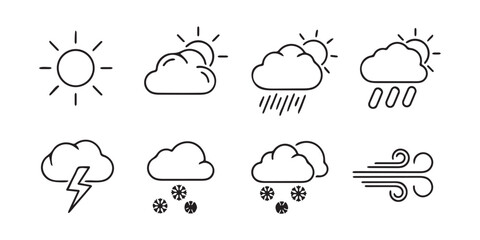 Collection of weather icons showing conditions for forecast including sun rain snow wind storm