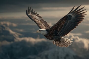 Fototapeta premium Bald eagle soaring above the clouds in dramatic natural scenery