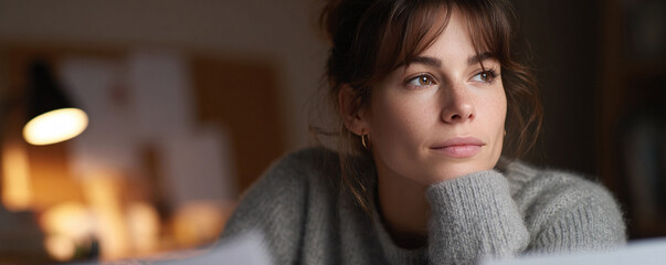 Thoughtful woman gazes dreamily, resting her chin on her hand. Serene, natural beauty. Evokes contemplation, focus, and creativity. Ideal for lifestyle  wellness content.