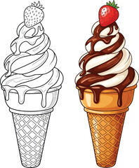 Swirled soft serve ice cream cone with chocolate sauce and a strawberry presented in both full color and black and white outline.