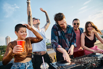 Young friends celebrate life with music and laughter on a vibrant rooftop party