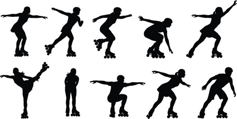 Set of black silhouettes featuring active people roller skating in various dynamic poses, isolated on white background, perfect for sports, leisure, and activity concepts.