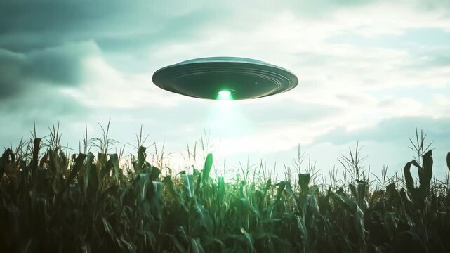 UFO hovering over cornfield with green beam, cloudy sky, alien abduction concept.