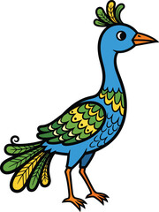 Vibrant blue cartoon peacock with ornate green and yellow feathers and a decorative crest standing in profile.