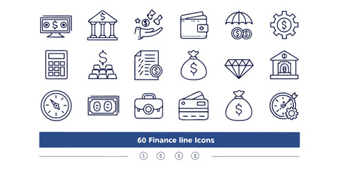 Sixty finance line icons set for business banking accounting and financial topics business line icons