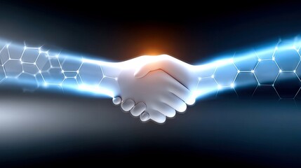 Two stylized, white hands shaking in a digital handshake, surrounded by glowing blue hexagonal patterns and light effects against a dark background.