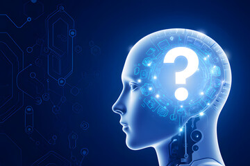 Futuristic AI head with glowing question mark symbolizes artificial intelligence uncertainty and complex thought processes.