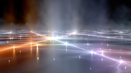 An abstract digital landscape with glowing light trails and star-like points, suggesting a network or data flow, with a smoky, atmospheric background.