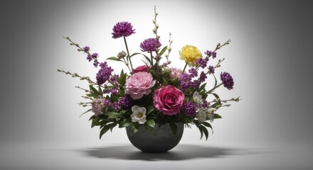 Naklejka premium A vibrant floral arrangement in a round, gray vase. Variety of blooms in pinks, purples, yellows, and whites.