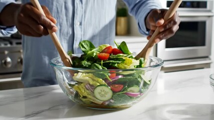 Person tossing a fresh salad in a glass bowl in a modern kitchen - Powered by Adobe