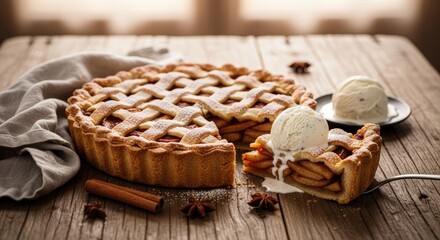 A delicious homemade apple pie with a lattice crust, a slice served with melting vanilla ice cream, cinnamon sticks, and star anise on a rustic wooden table.