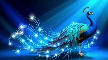 Majestic peacock struts in a dazzling display of blue light, a symbol of elegance