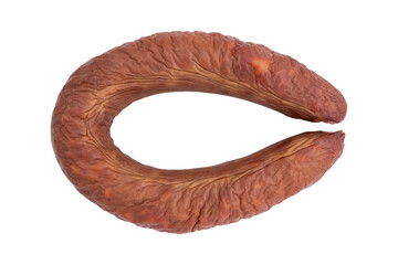 whole sausage ring isolated on white background, top view, cold smoked meat for any design of smoked sausage