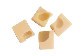 pieces of cheese isolated on white background, top view, flat lay