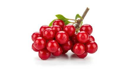 A vibrant cluster of fresh red berries with a green leaf and stem on a white background.