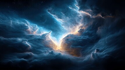 A vast, dark expanse of deep space is illuminated by a vibrant, glowing nebula. Swirling clouds of blue and white gas are lit from within by a bright, golden li