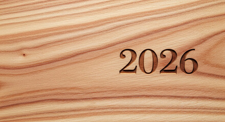 Wood texture with engraved number 2026, symbolizing year, date, or a significant event. Light brown surface with clear grain pattern, natural.