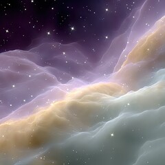A vast expanse of the universe featuring swirling nebulae, gas clouds, and countless stars, rendered in soft purple, yellow, and grey hues, creating a sense of