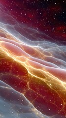 A vibrant, abstract depiction of a cosmic nebula with swirling clouds of red, orange, and white gas, illuminated by countless twinkling stars and internal glowi