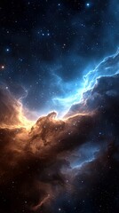 A vast expanse of deep space filled with glowing nebulae, swirling gas clouds in shades of blue and orange, and countless twinkling stars.