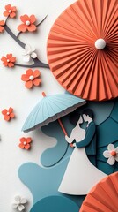 A stylized paper art scene depicting a couple in wedding attire embracing under a light blue umbrella, surrounded by decorative paper flowers and orange fans. T