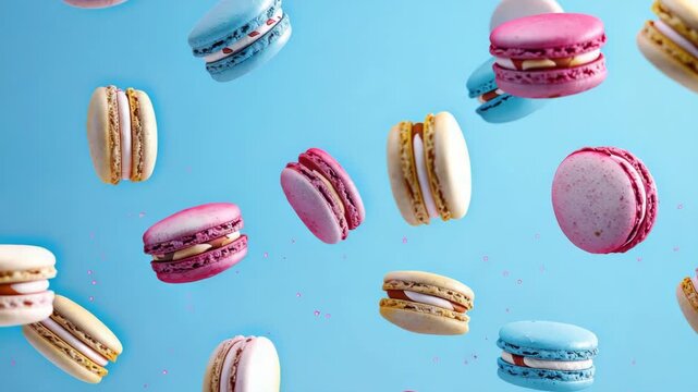 The captures the joy and sweetness of these colorful macaroon cookies as they seem to float through a clear blue sky, dotted with whimsical white polka dots.