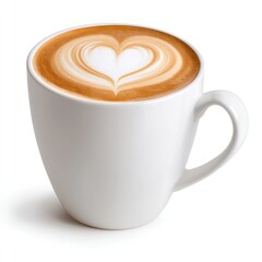 Ceramic mug with cappuccino and heart foam design isolated on white background