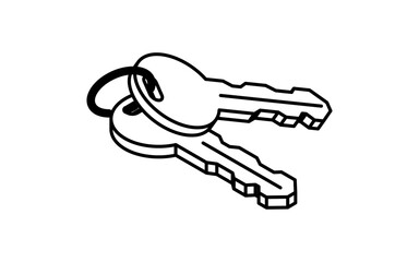 Simple line art isometric illustration of real estate purchase and keys to your home, black and white