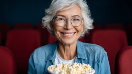 Bright lights surround a cheerful woman with silver hair and glasses, savoring popcorn at a bustling movie theater. Her smile radiates joy, making the moment memorable