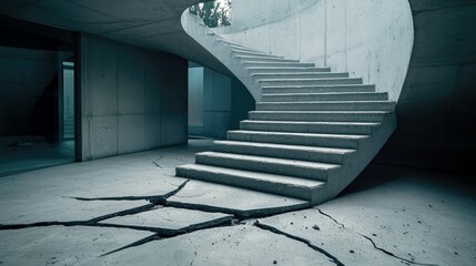 A stark, modern interior featuring a concrete spiral staircase with significant cracks on the floor in the foreground. The lighting is dramatic and moody, casti