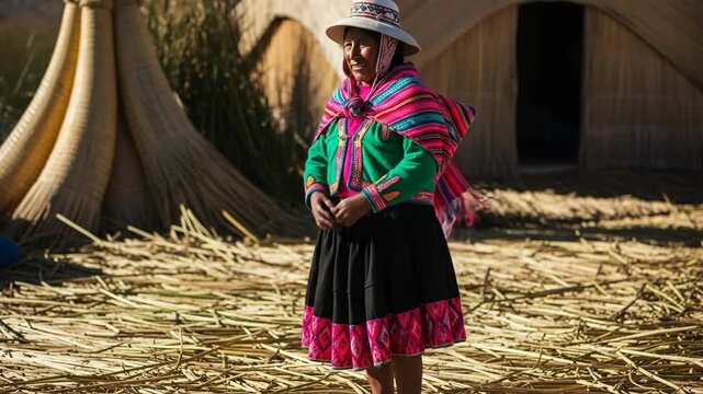 Traditional dance in vibrant attire on uros floating islands, lake titicaca