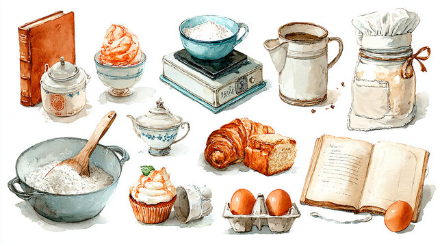 A collection of baking ingredients and tools including flour, sugar, eggs, a cookbook, and pastries arranged artistically