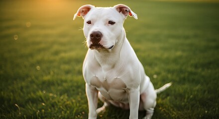 White Pitbull Dog Sitting in Grass.
