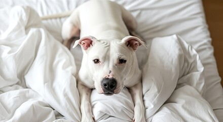 White Dog Relaxing on a Cozy Bed.
