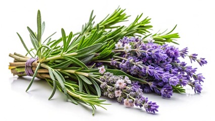 Naklejka premium Fresh bunch of aromatic purple lavender and organic rosemary flowers isolated on a white background for herbal medicine and aromatherapy