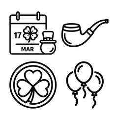 St patricks day holiday icons with calendar, shamrock, pipe, and balloons isolated on white background