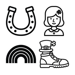 St patricks day horseshoe, rainbow, leprechaun boot, irish girl isolated on white background