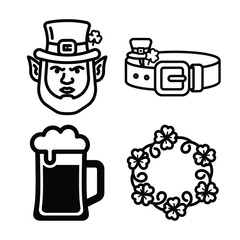 St patricks day icons set featuring a leprechaun, beer mug, shamrock wreath, and belt, isolated on white background