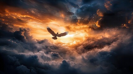 A majestic eagle with wings spread wide soars through a dramatic sky filled with dark, textured clouds illuminated by a vibrant sunset glow.