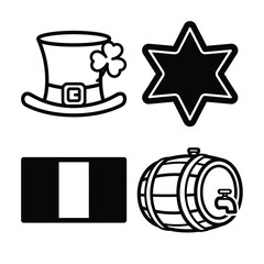 Diverse set of cultural and celebratory symbols leprechaun hat with shamrock, star of david, irish flag, and wooden beer barrel