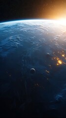 View of planet Earth from outer space at sunrise, with the moon visible and illuminated city lights on the dark side.