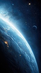 A view of planet Earth from outer space, showing a glowing atmosphere, visible city lights on the dark side, and a distant moon against a backdrop of stars and