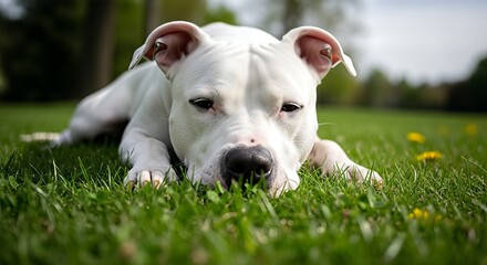 White Pitbull Puppy Resting on Grass.