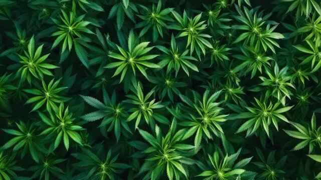 Dense pattern of green cannabis leaves, top view, natural background.