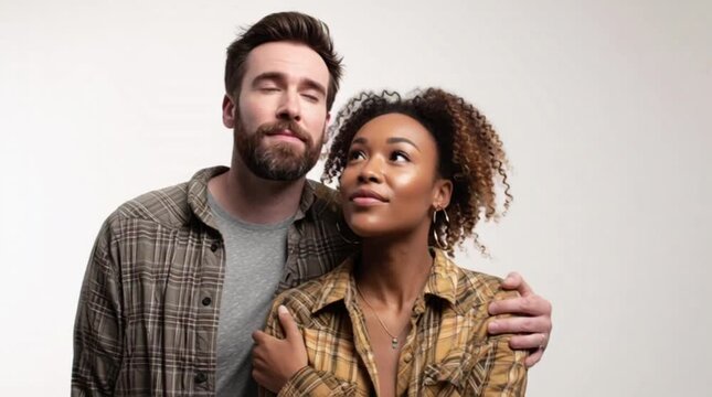 Joyful multiethnic partners sharing an intimate moment, gazing upward with optimism and affection